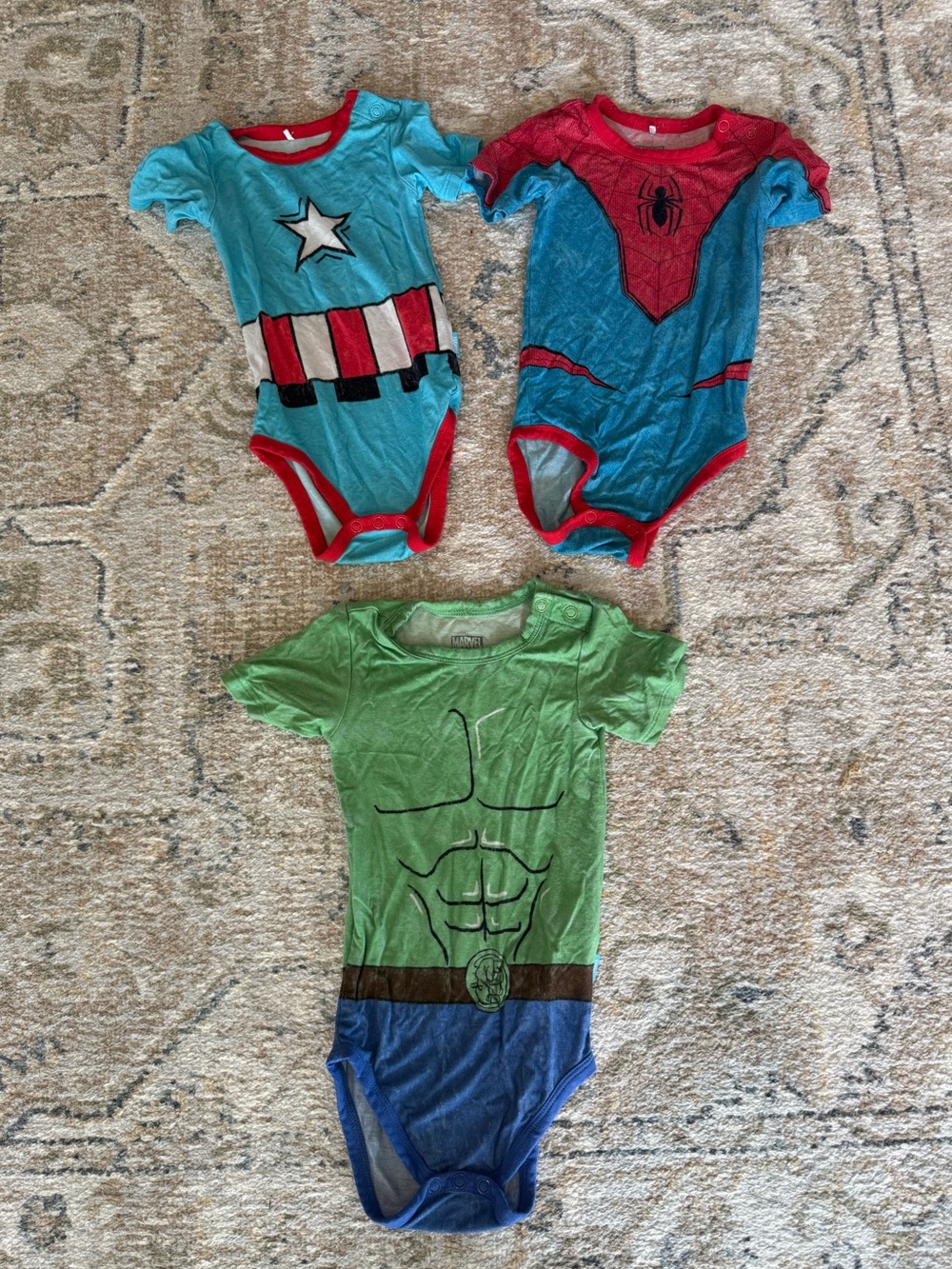 3 Posh peanut Marvel Superhero Bodysuits- Spider-Man, hulk, captain America 12mo